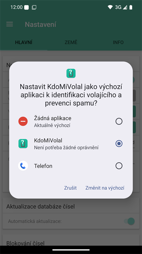 Nastavení výchozí aplikace pro identifikaci spamu