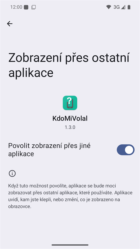 Oprávnění zobrazení přes ostatní aplikace