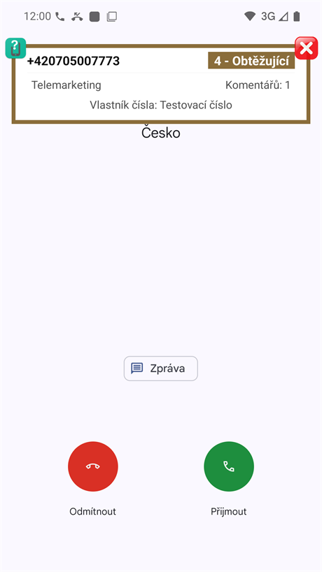 Notifikace o příchozím hovoru (horní pozice)