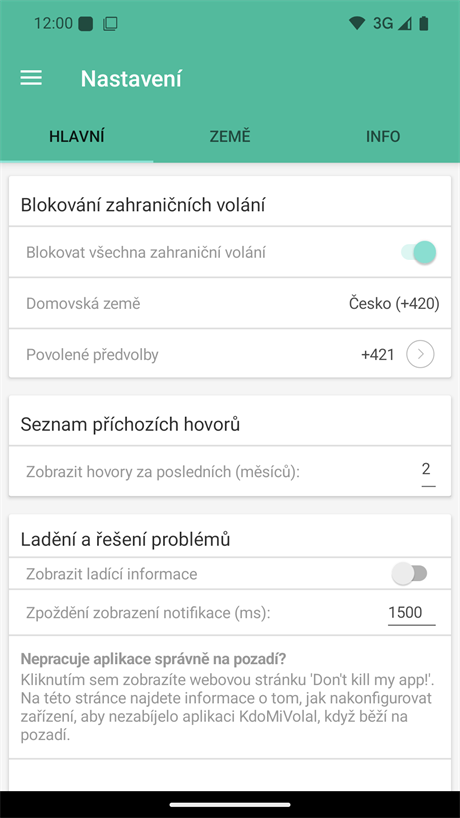 Nastavení blokování zahraničních volání a seznamu příchozích hovorů