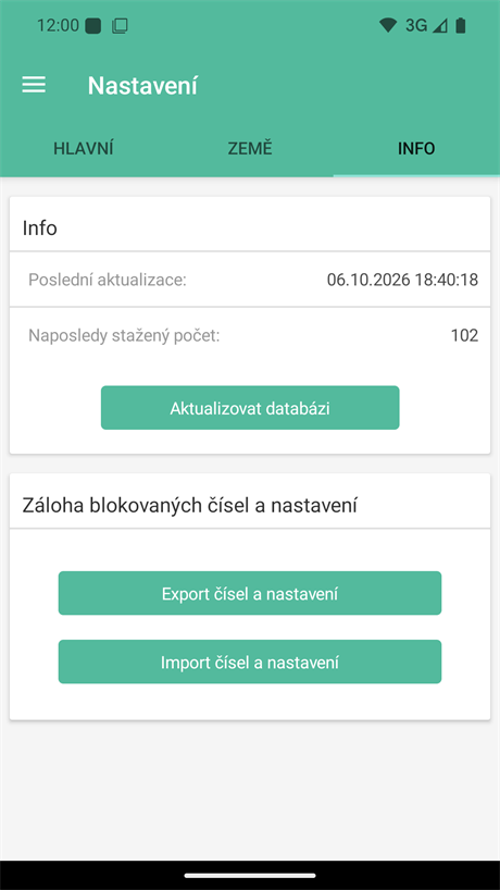 Informace o databázi a záloha blokovaných čísel a nastavení
