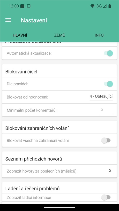 Nastavení aktualizace databáze a blokování telefonních čísel