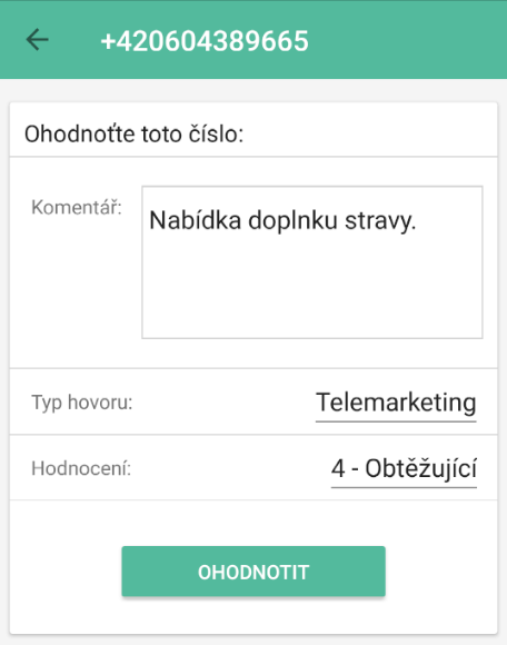 Přidání komentáře k telefonnímu číslu