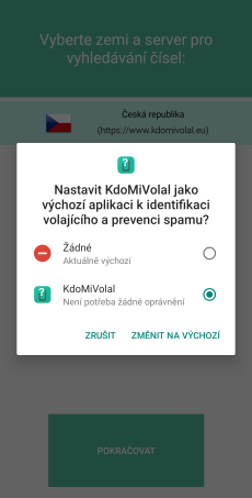 Nastavení defaultní aplikace pro identikaci volajícího a SPAMu