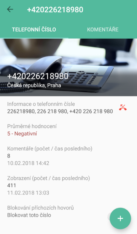 Detail telefonního čísla
