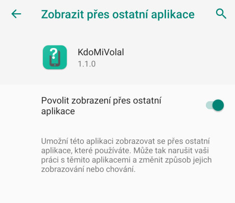 Oprávnění zobrazení přes ostatní aplikace